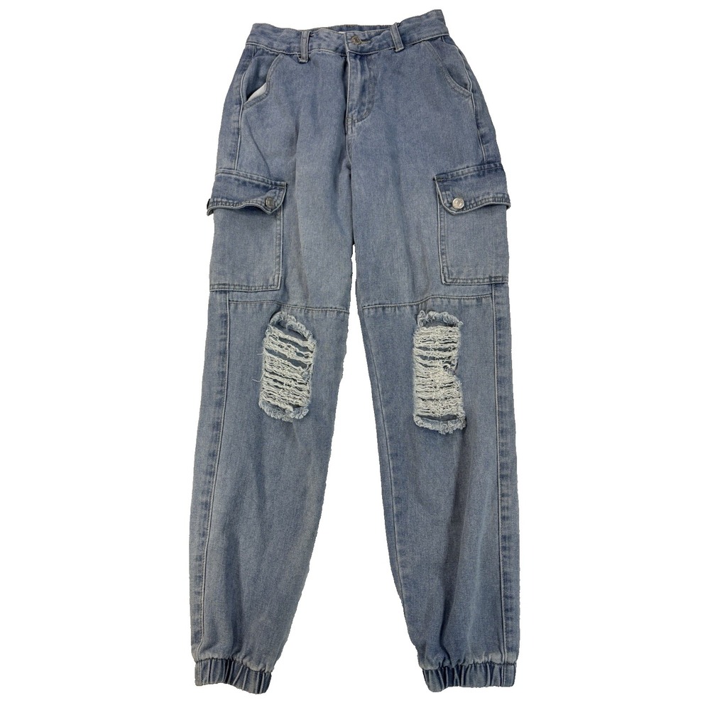 Forever 21 Women's 24 Ripped‎ Distressed Cargo Denim Joggers Urban Streetwear